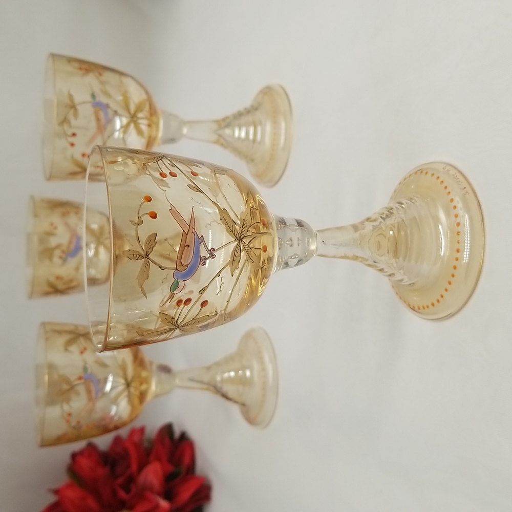 Antique Fritz Heckert Bohemian Peach Lustre Hock Wine Glasses